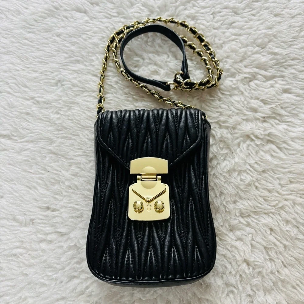Tiffany & Fred Paris Black Quilted/Gold Small Shoulder/Crossbody Bag 7”x5”x2”